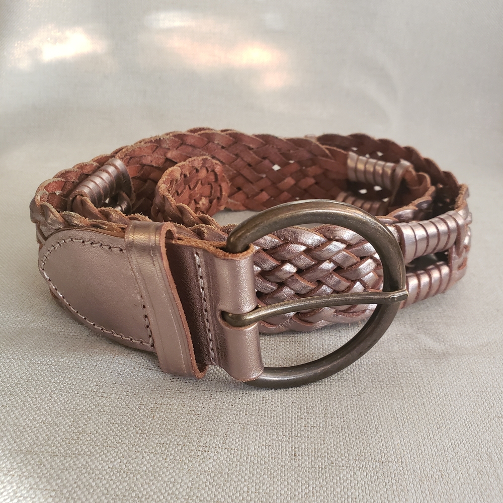 GAP Women's Braided Belt - Metallic Brown, Platinum Colored Woven Leather Belt
